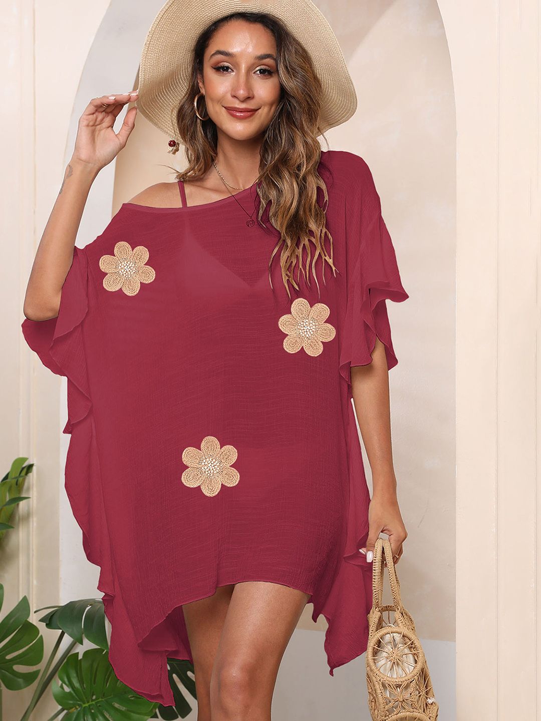 JC Mode Women Self Design Round Neck Swimwear Cover Up Top-picture-4