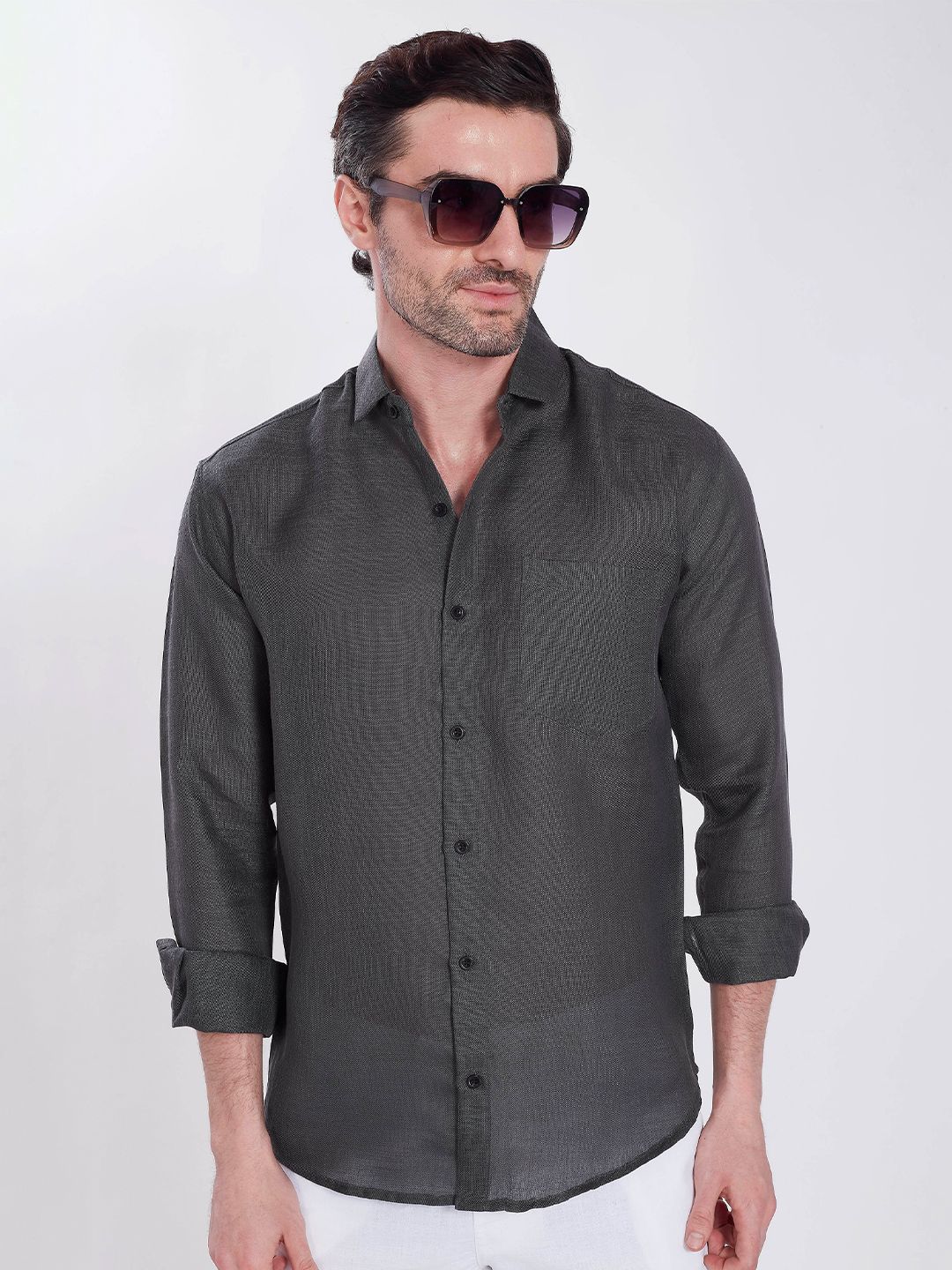 THE BEETEL HOUSE Men Textured Spread Collar Linen Casual Shirt-picture-30