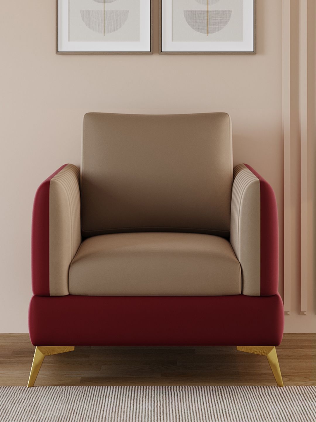 ARRA Vivaan Maroon & Beige 1 Seater Velvet Sofa