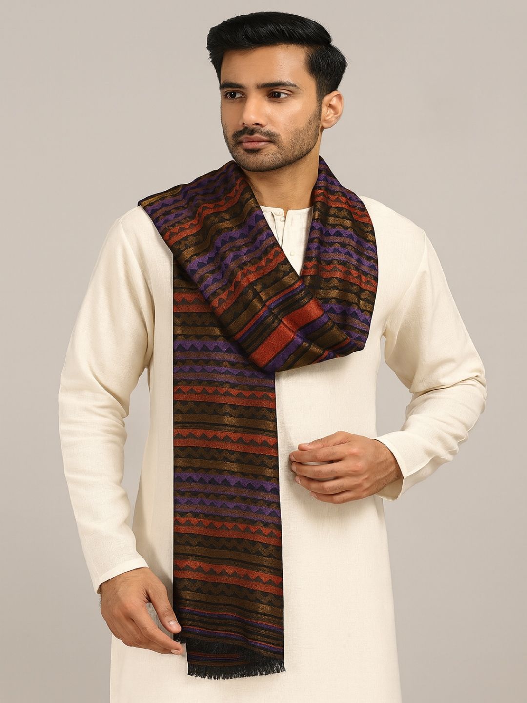 MUFFLY Men Zari Twilight Chevron Pattern Reversible Stole-picture-21