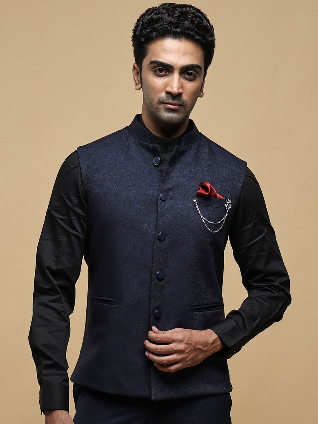 Neumen Men Woven Design Mandarin Collar Nehru Jacket-picture-56