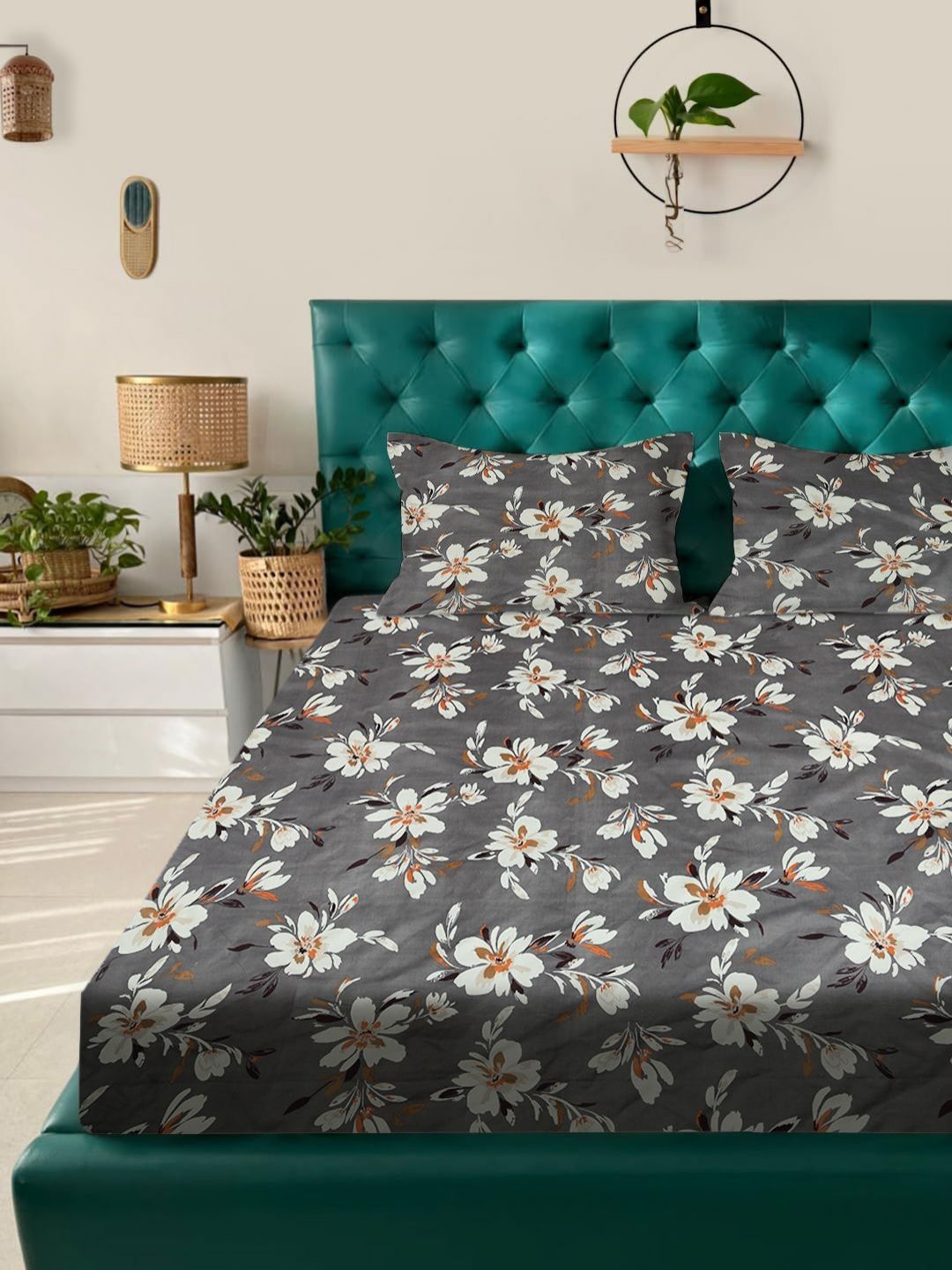 ROSARA HOME Grey & White Floral Printed Cotton 180 TC Queen Bedsheet Set-picture-0
