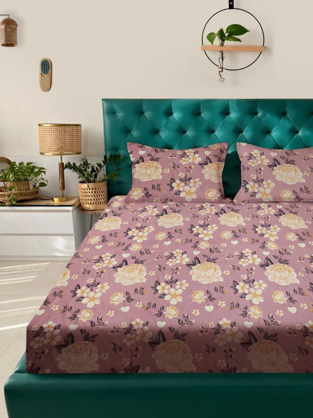 ROSARA HOME Peach Floral Printed Cotton 180 TC Queen Bedsheet Set-image-29