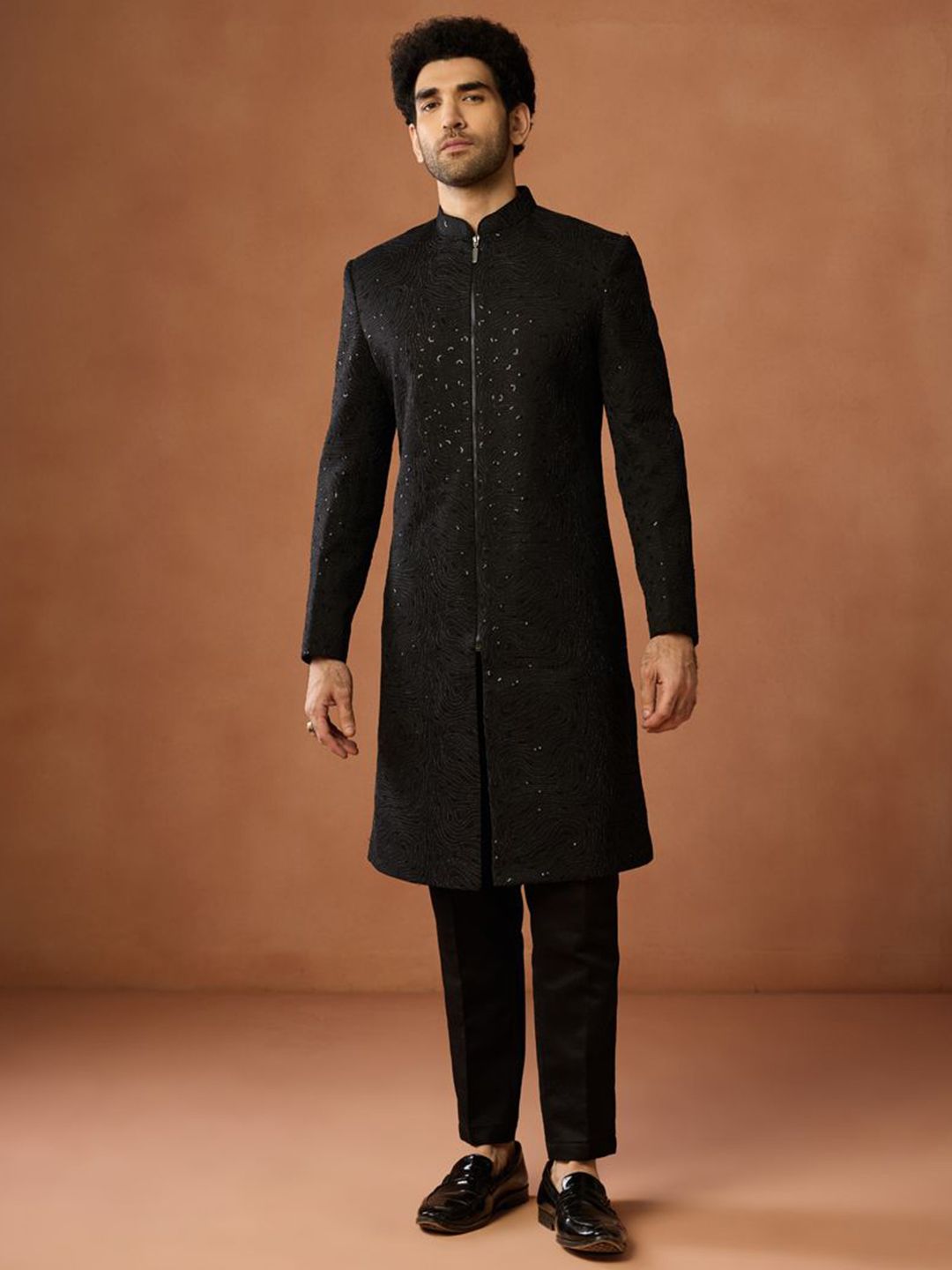 KISAH Men Black Cording Indowestern Sherwani with Zip &Trouser Set