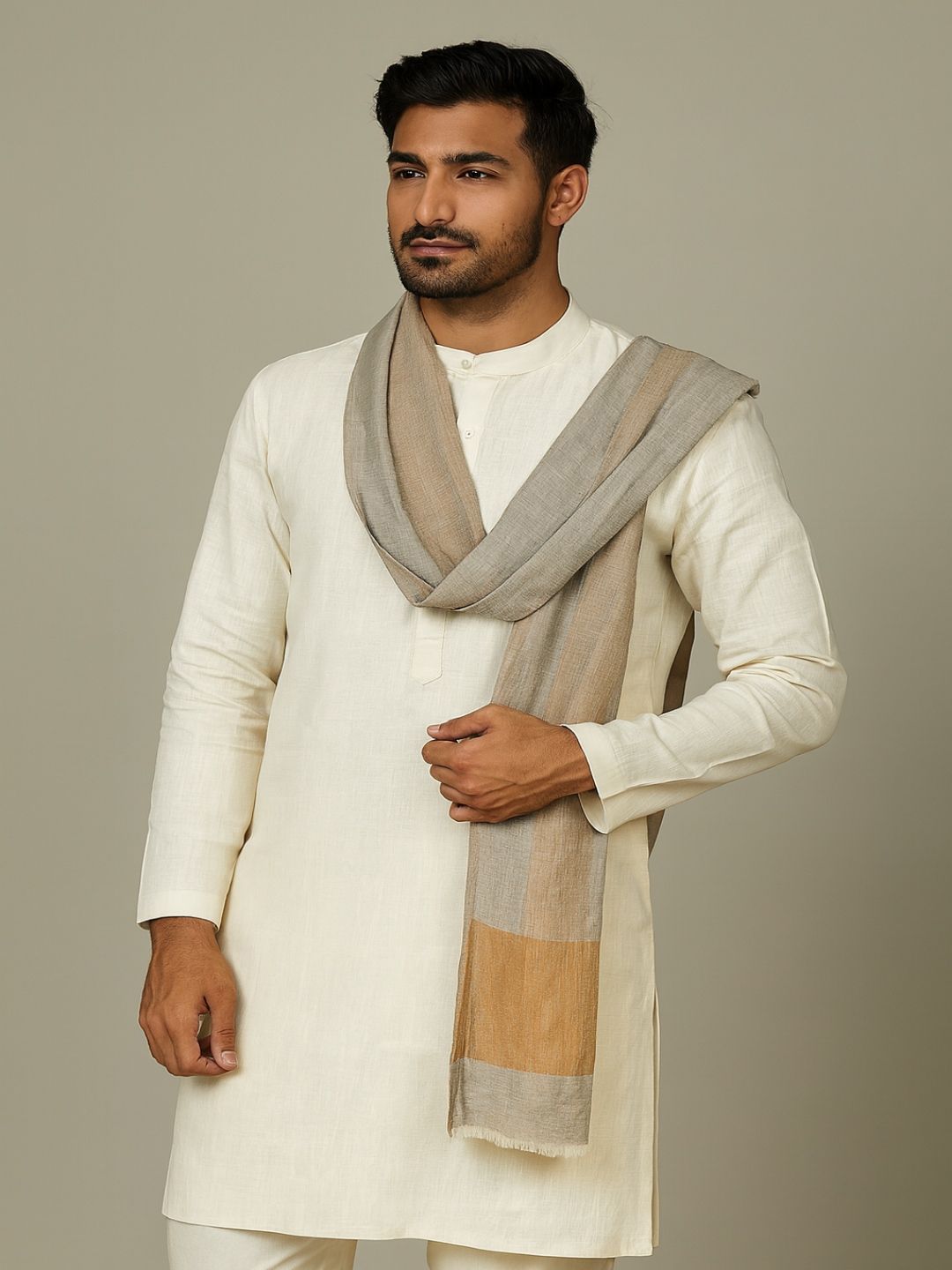 MUFFLY MUFFLY Men Zari Twilight Solid Wool Stole with Golden Border-picture-29