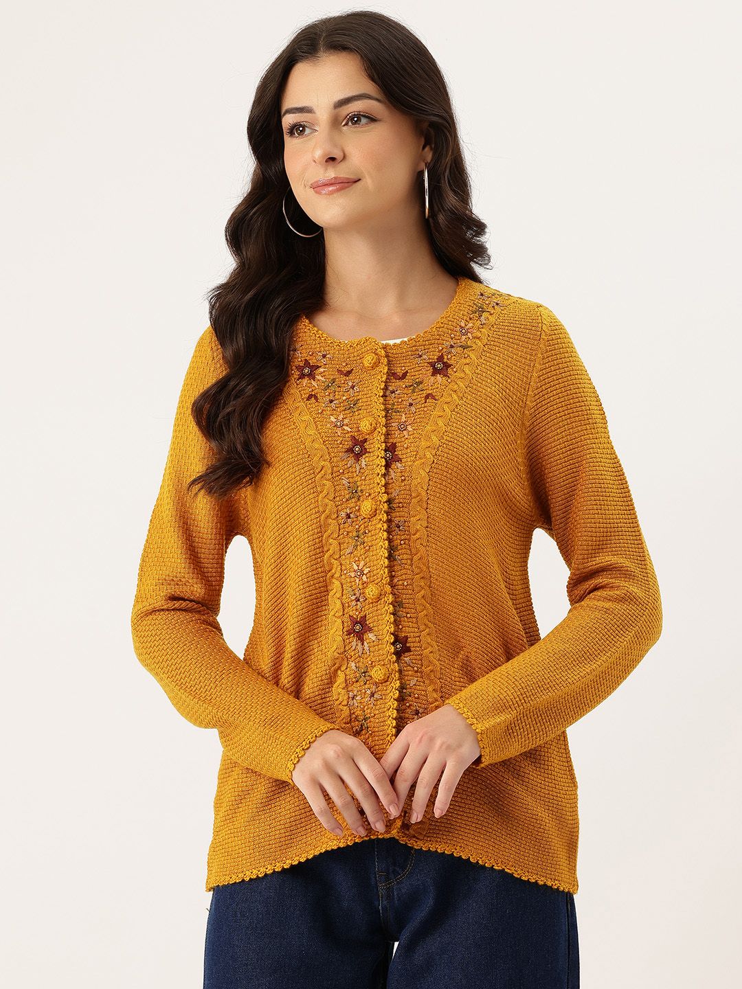 APSLEY Self Design Floral Embroidery Scallop Hem Cardigan-picture-23