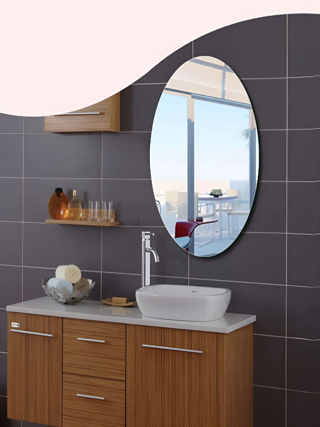 ARYAANSH Grey Round Glass Self Adhesive Wall Mirror