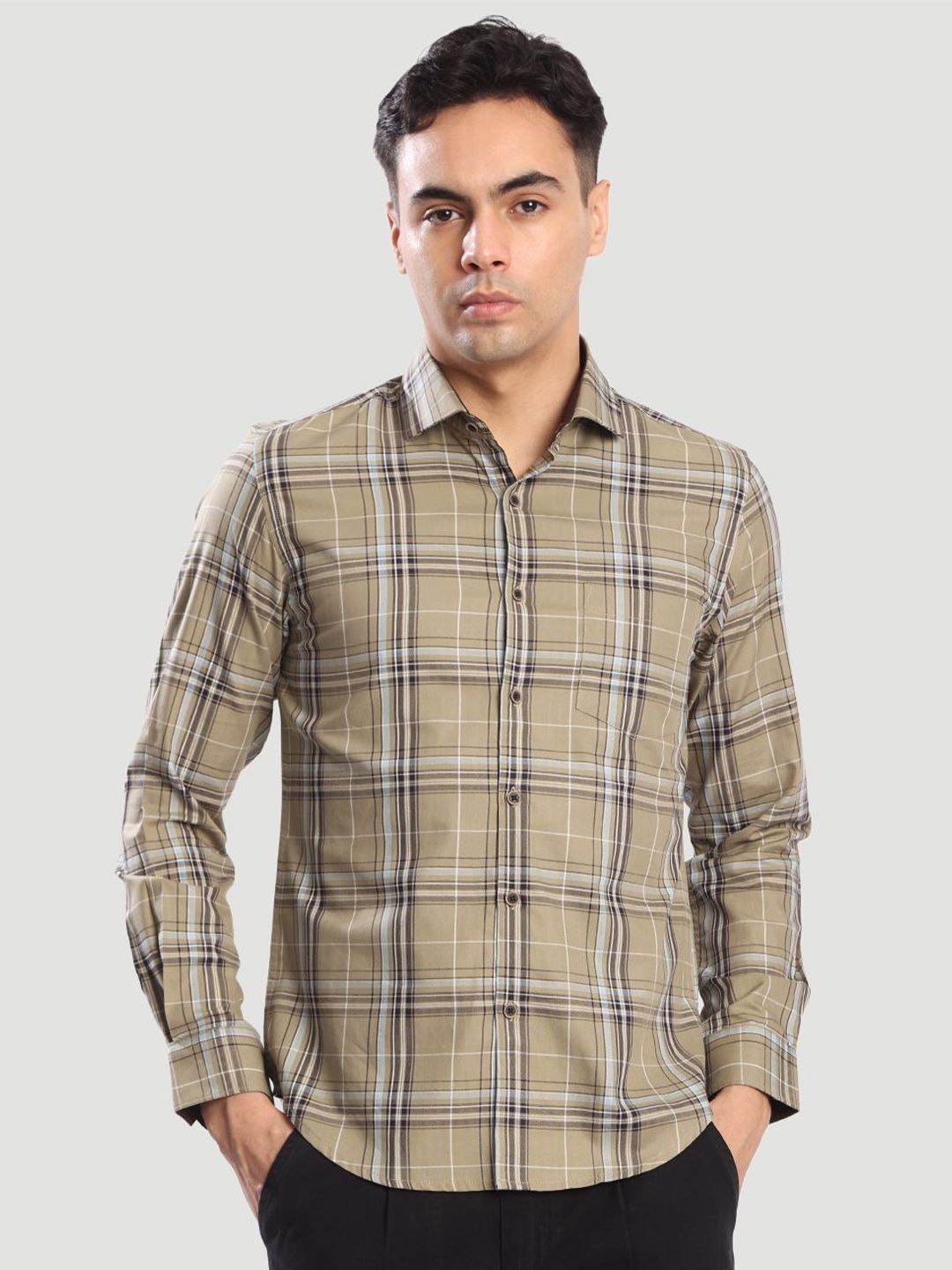 Bene Kleed Slim Fit Tartan Checks Spread Collar Cotton Formal Shirt-picture-27