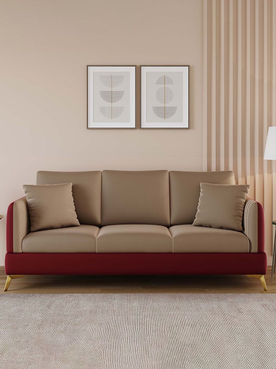 ARRA Vivaan Maroon & Beige 3 Seater Velvet Sofa