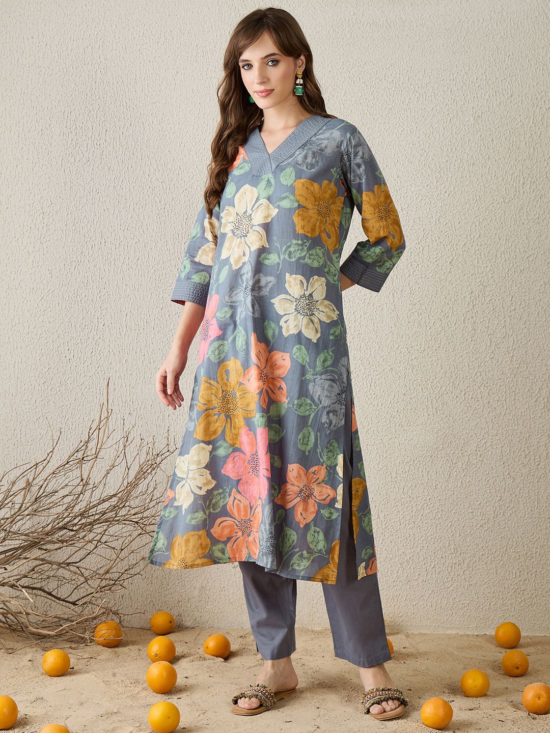 Indo Era Women Grey Floral Printed Regular Pure Cotton Straight Kurta with Trousers-picture-45