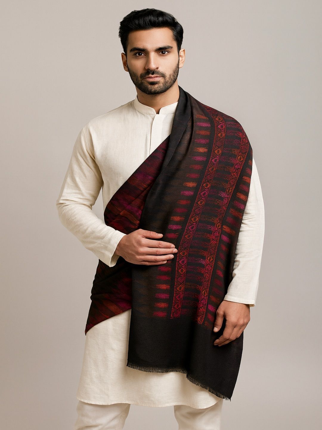 MUFFLY Men Ikat-Inspired Woven Fine Wool Stole-picture-30