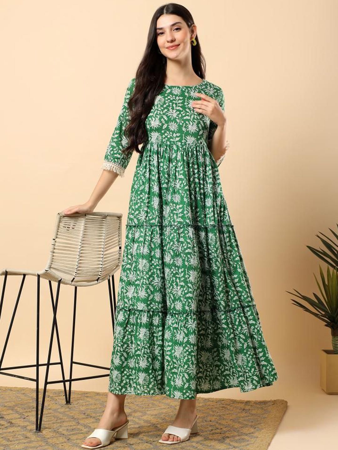 aayusika Women Printed & Hand Embroidery Work Cotton A-Line Tiered Maxi Dress-image-10