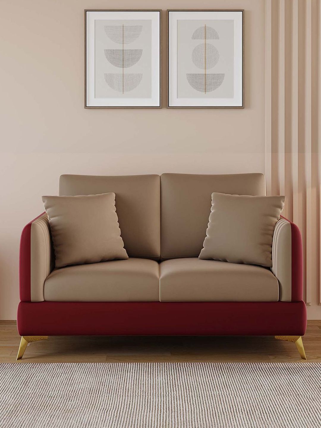 ARRA Vivaan Maroon & Beige 2 Seater Velvet Sofa