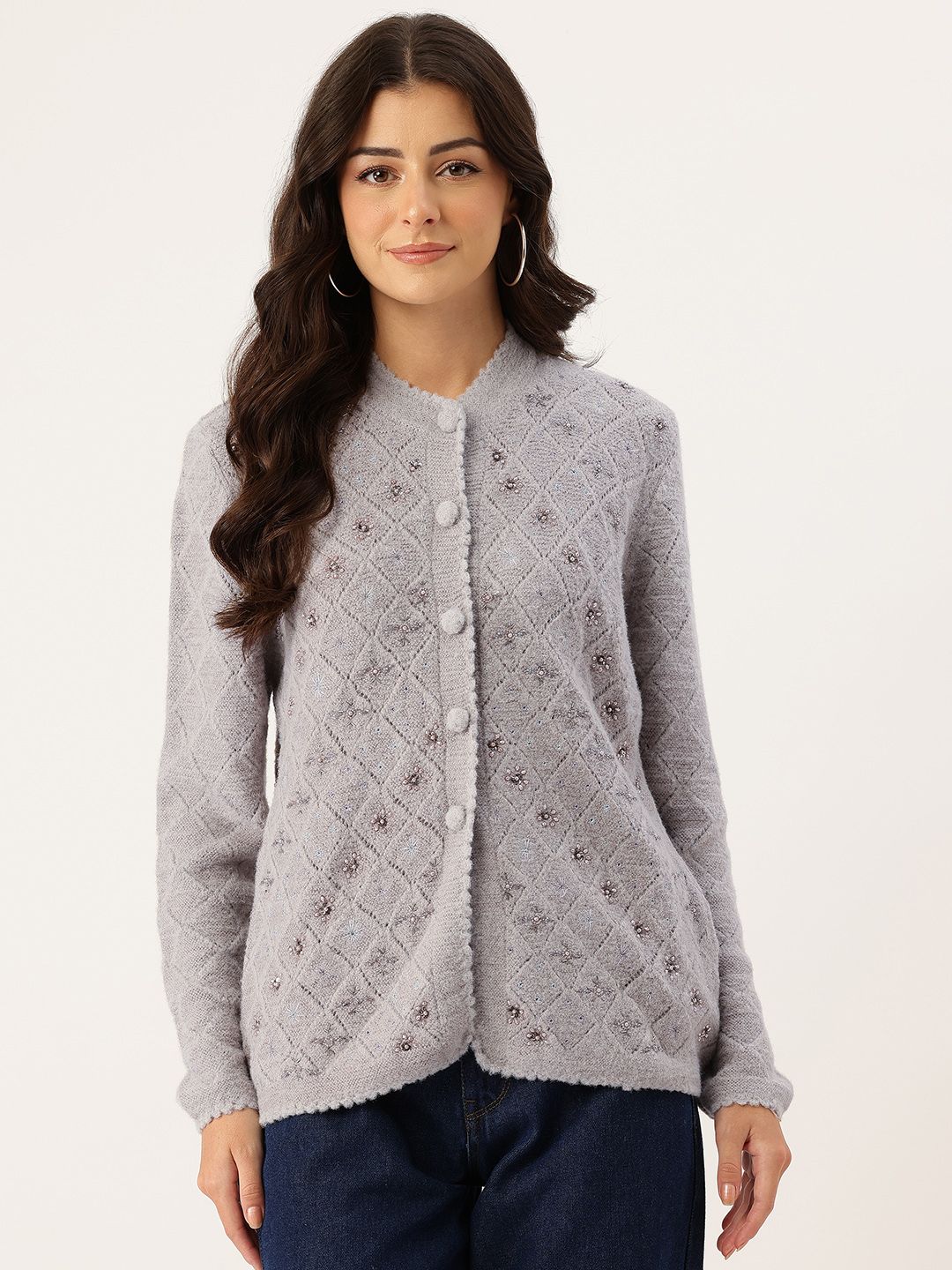 APSLEY Self Design Floral Embroidery Scallop Hem Cardigan-picture-32