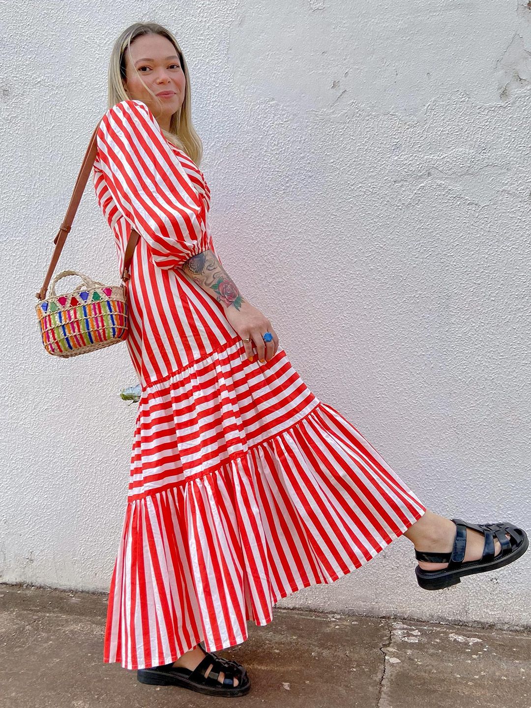 SHEETAL Associates Women Striped Puff Sleeve Crepe Fit & Flare Maxi Dress view 4
