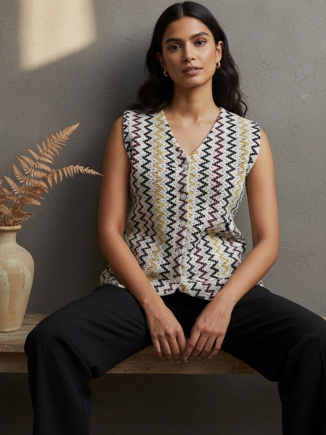 R.Code by The Roadster Life Co. Women Striped V-Neck Cotton Waistcoat-picture-28