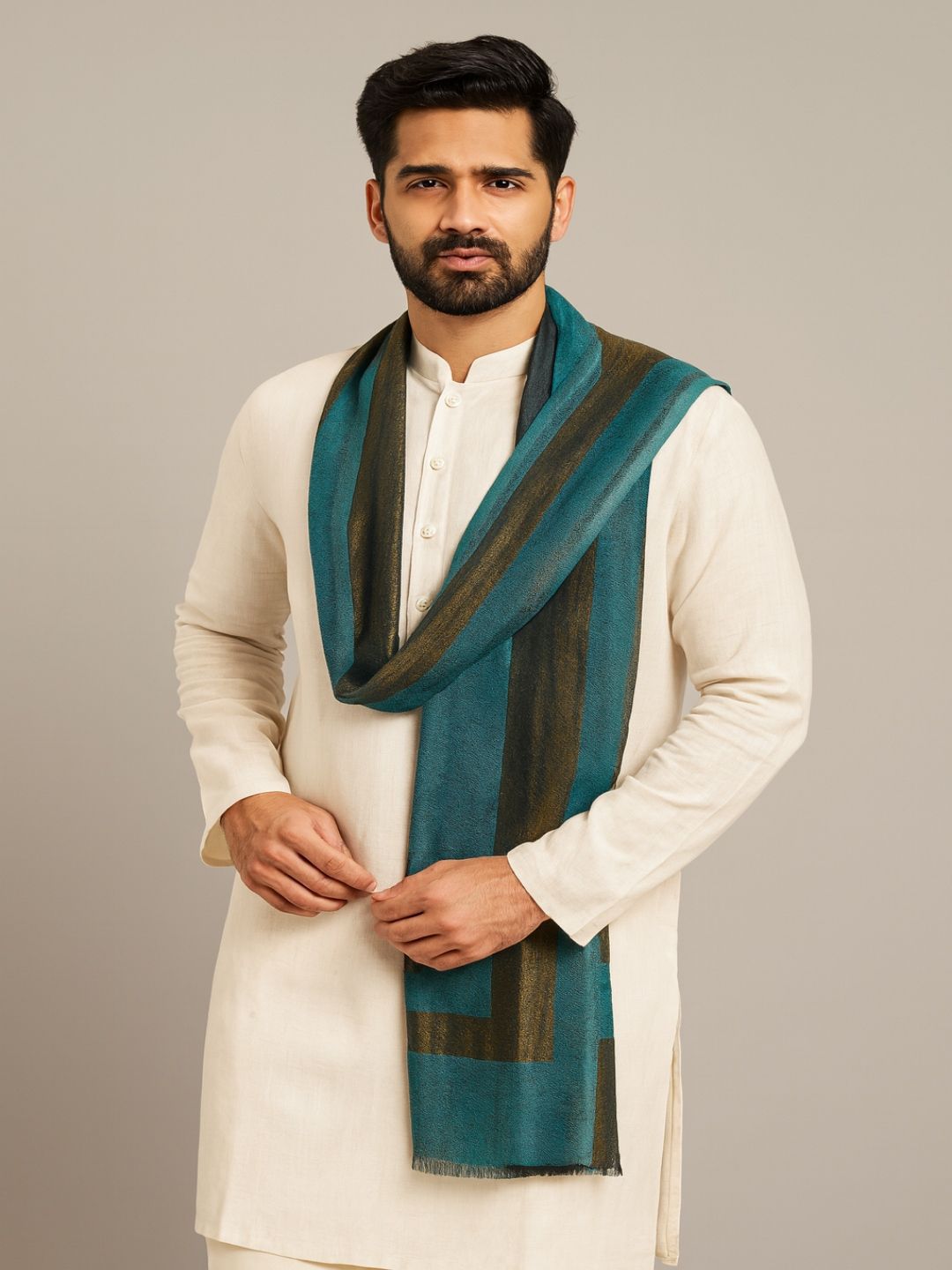 MUFFLY Men Zari Twilight Reversible Wool Stole with Border-picture-41