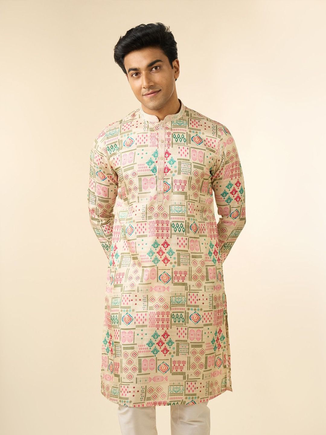 Diwas by Manyavar Geometric Printed Mandarin Collar Straight Kurta-picture-12