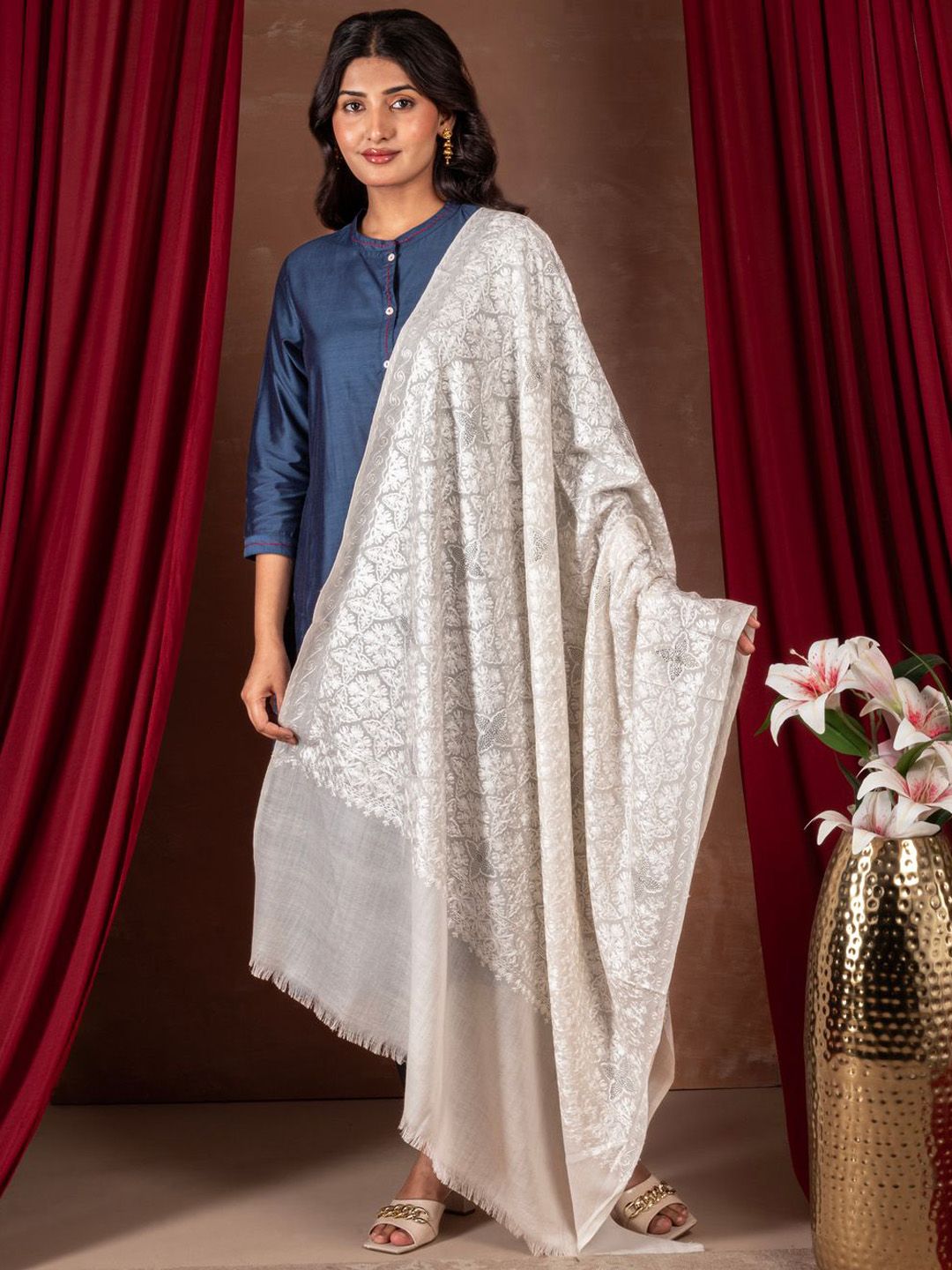 Naureen Floral Aari Embroidered Shimmering Crystals Pashmina Woollen Shawl-picture-50
