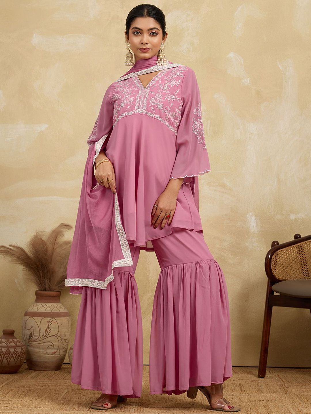 House of Pataudi Women Floral Embroidered A-Line Kurta with Sharara & Dupatta-picture-40