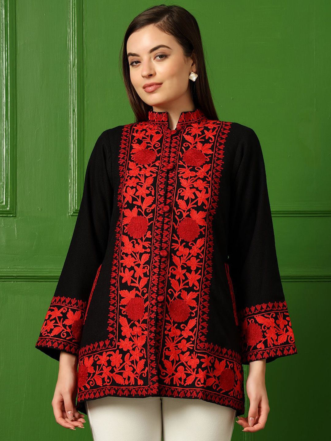 CRAFTBAZAR Women Floral Acrylic Longline Open Front Jacket with Embroidered-picture-19