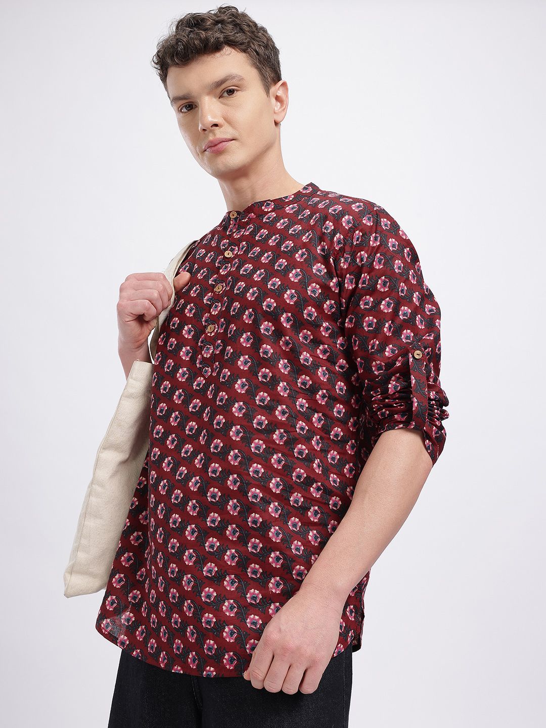 Anouk Rustic Floral Printed Band Collar Roll-Up Sleeves Straight Kurta-picture-35