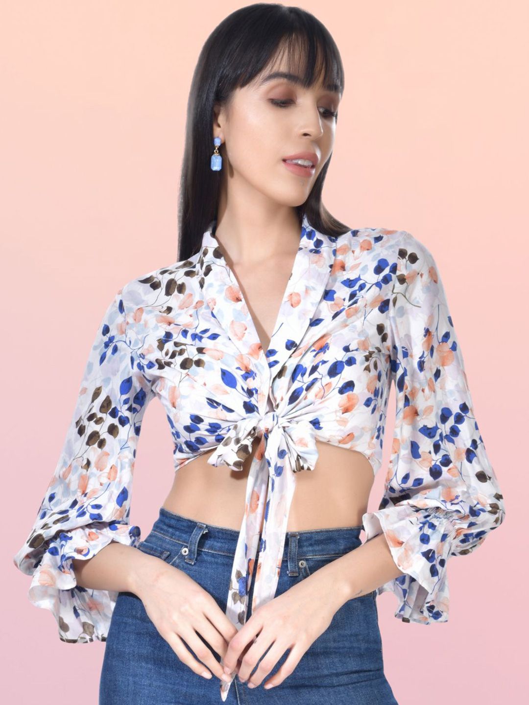 Beatnik Floral Printed Bell Sleeves Crop Tie-Up Shrug-picture-15