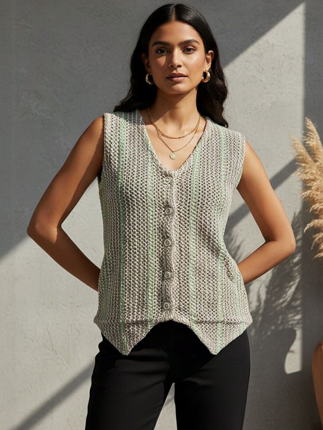 R.Code by The Roadster Life Co. Women Woven Design V-Neck Waistcoat-picture-15