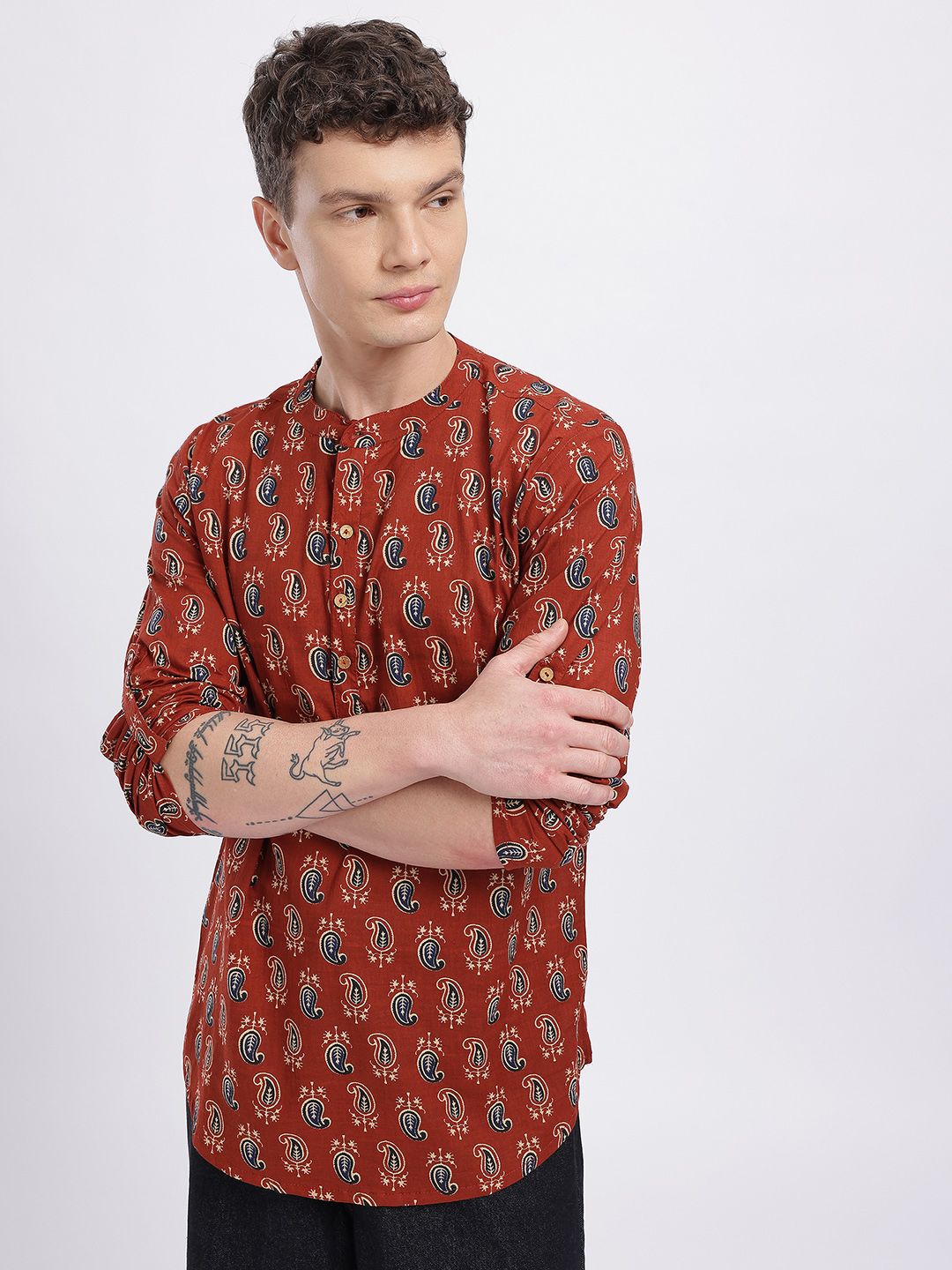 Anouk Rustic Ethnic Motifs Printed Band Collar Roll-Up Sleeves Straight Kurta-picture-23