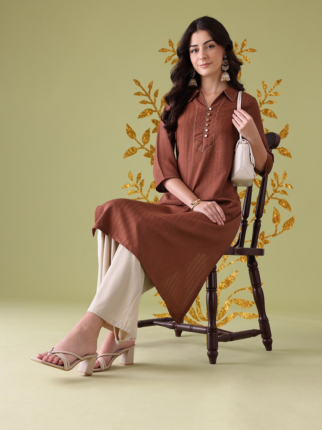 Anouk Thread Work Detail Shirt Collar Kurta-picture-22
