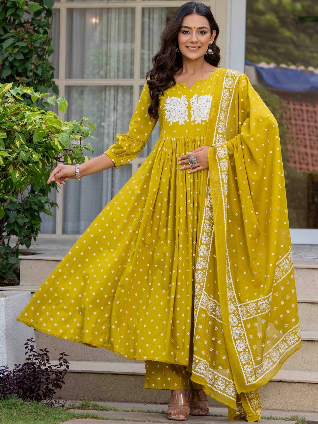 Mizaz Ethnic Motifs Printed Layered Thread Work Pure Cotton Kurta With Palazzos & Dupatta-picture-16