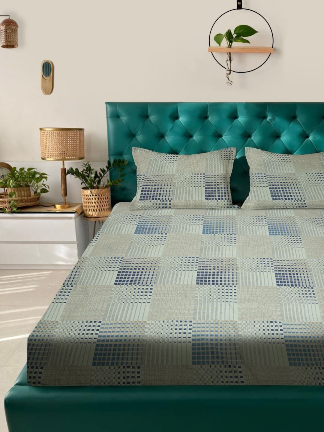 ROSARA HOME Green & Grey Geometric Printed Cotton 180 TC Queen Bedsheet Set-picture-3