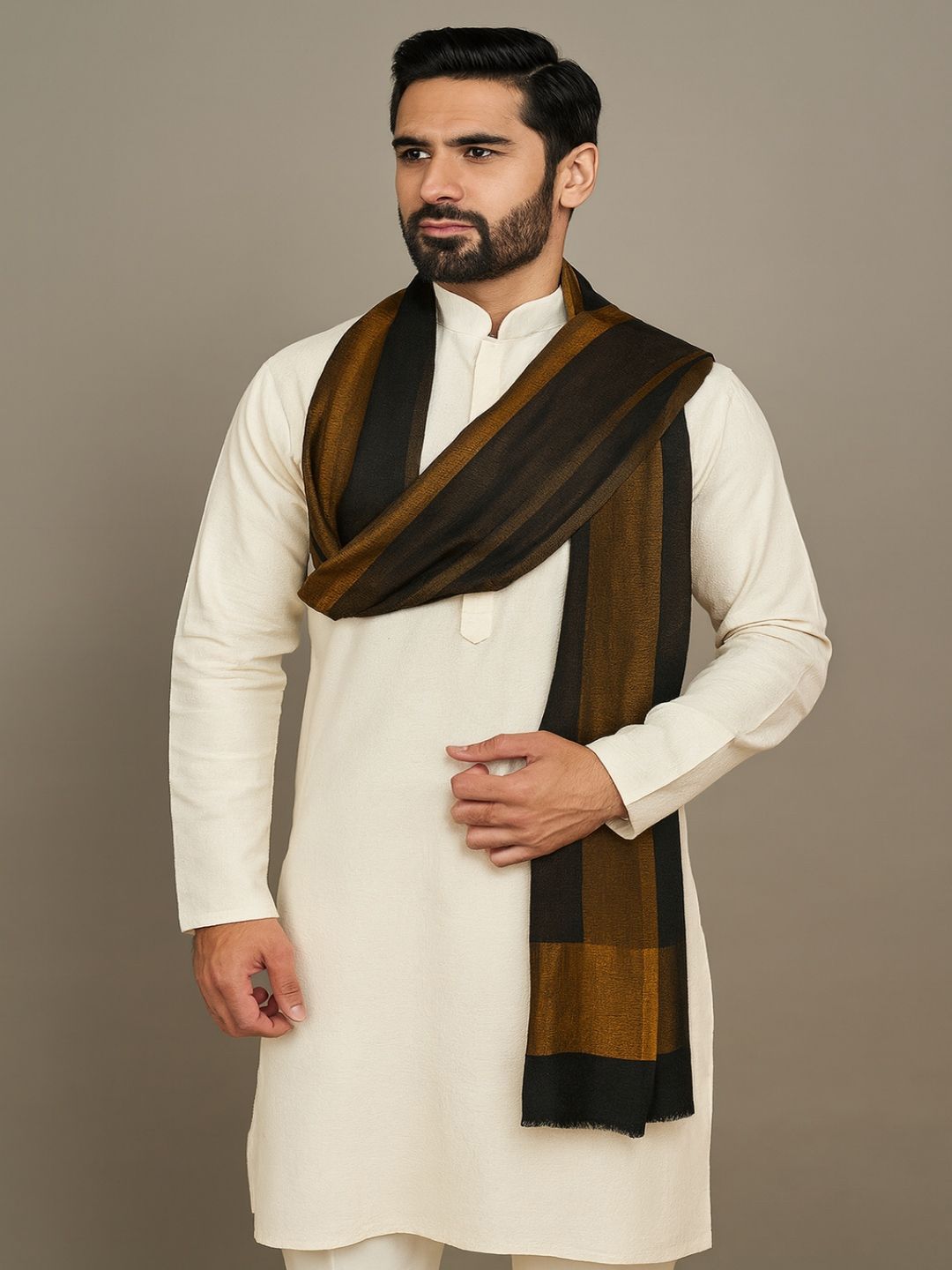 MUFFLY Men Zari Twilight Solid Wool Stole with Border-picture-10