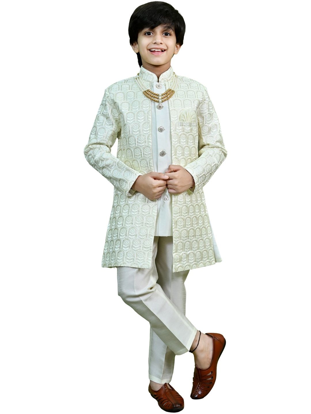 ahhaaaa Boys Regal Woven Design Mandarin Collar Sherwani With Trousers-picture-58