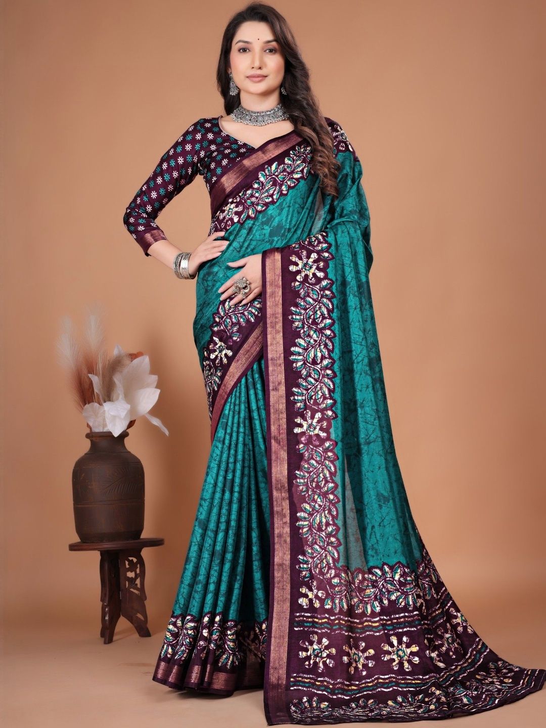 Panzora Batik Printed Zari Border Bagru Saree-image-0