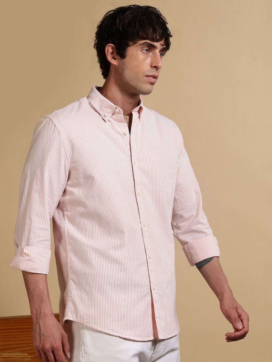 Blu MNKY Classic Striped Spread Collar Slim Fit Cotton Shirt-image-21