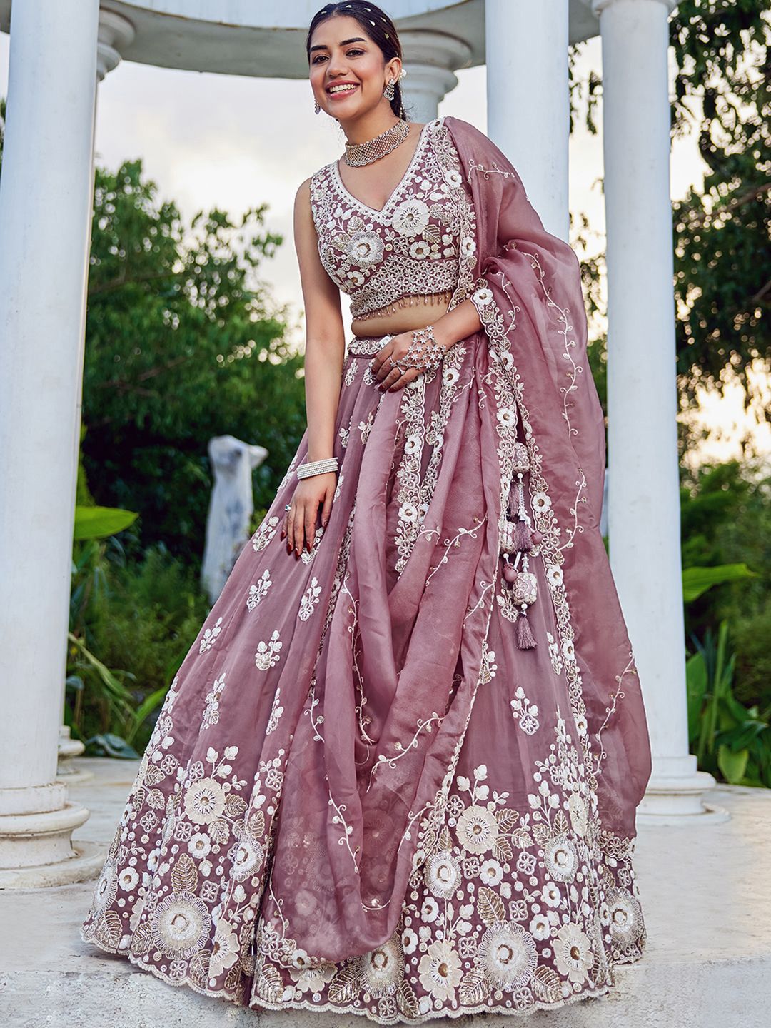 panchhi Rama Embroidered Organza Beads & Stones Ready To Wear Lehenga & Choli With Dupatta