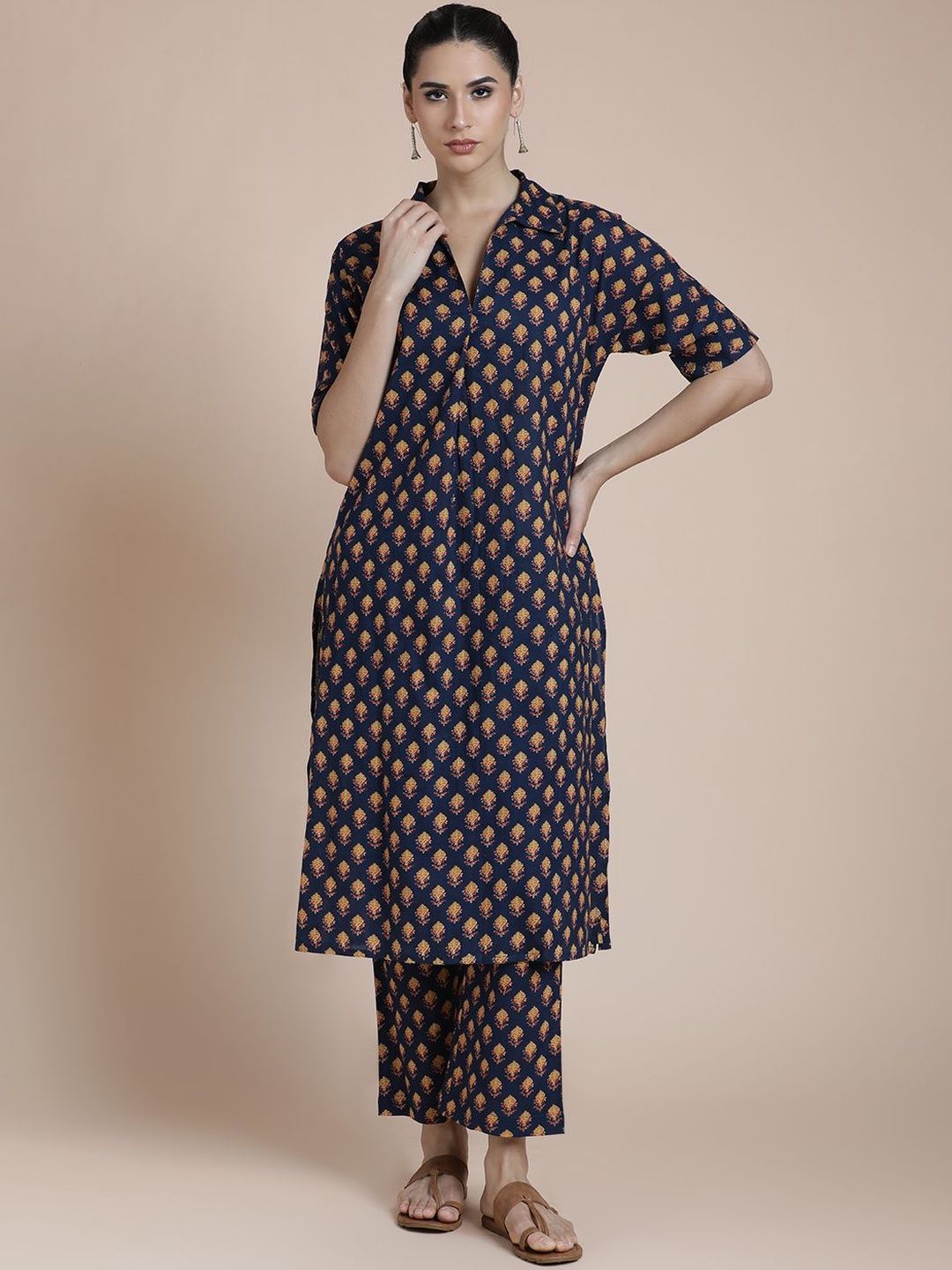 BLACK & BLAH BLAH Floral Printed Shirt Collar Pure Cotton Straight Kurta & Trousers-picture-37