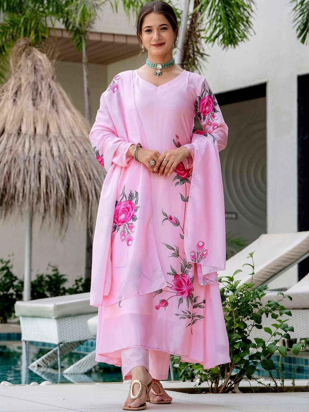 J.KANJI Women Floral Printed Silk Chiffon Kurta with Trousers & Dupatta-picture-30