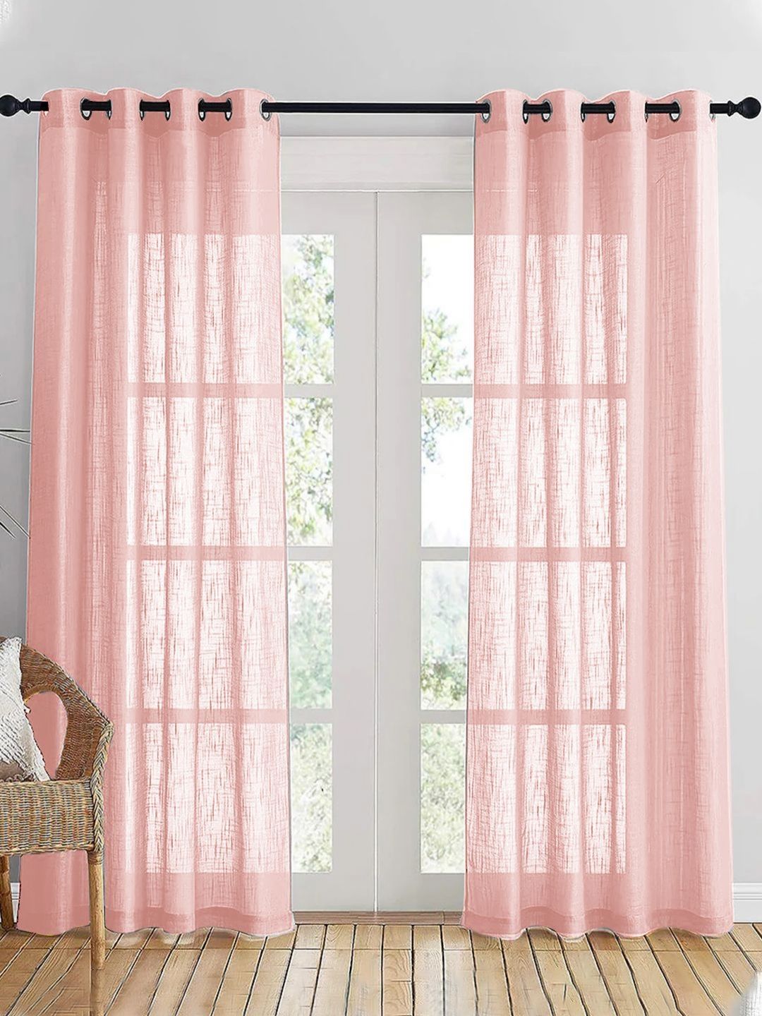 HOMEMONDE Pink 2 Pieces Cotton Sheer Long Door Curtains-picture-19