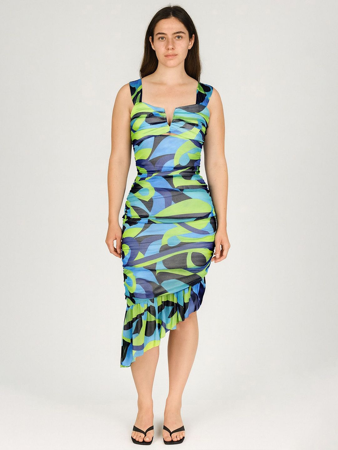 LULU & SKY Women Abstract Printed Shoulder Straps Sleeveless Ruched Bodycon Midi Dress-picture-31