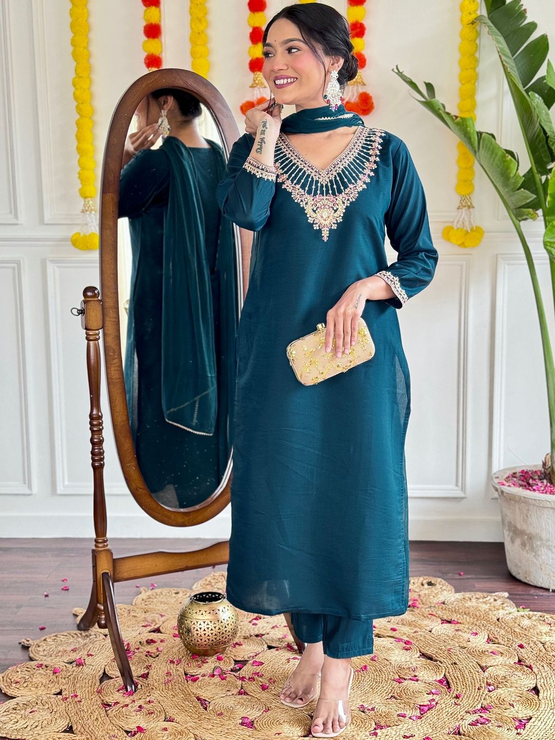 AG TEXTILE Women Ethnic Motifs Embroidered Kurta with Palazzo & Dupatta-image-4