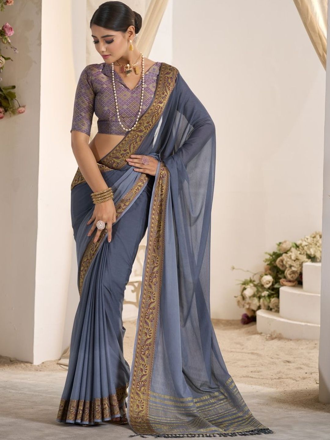 HERE&NOW Zari Border Pure Crepe Saree-picture-49