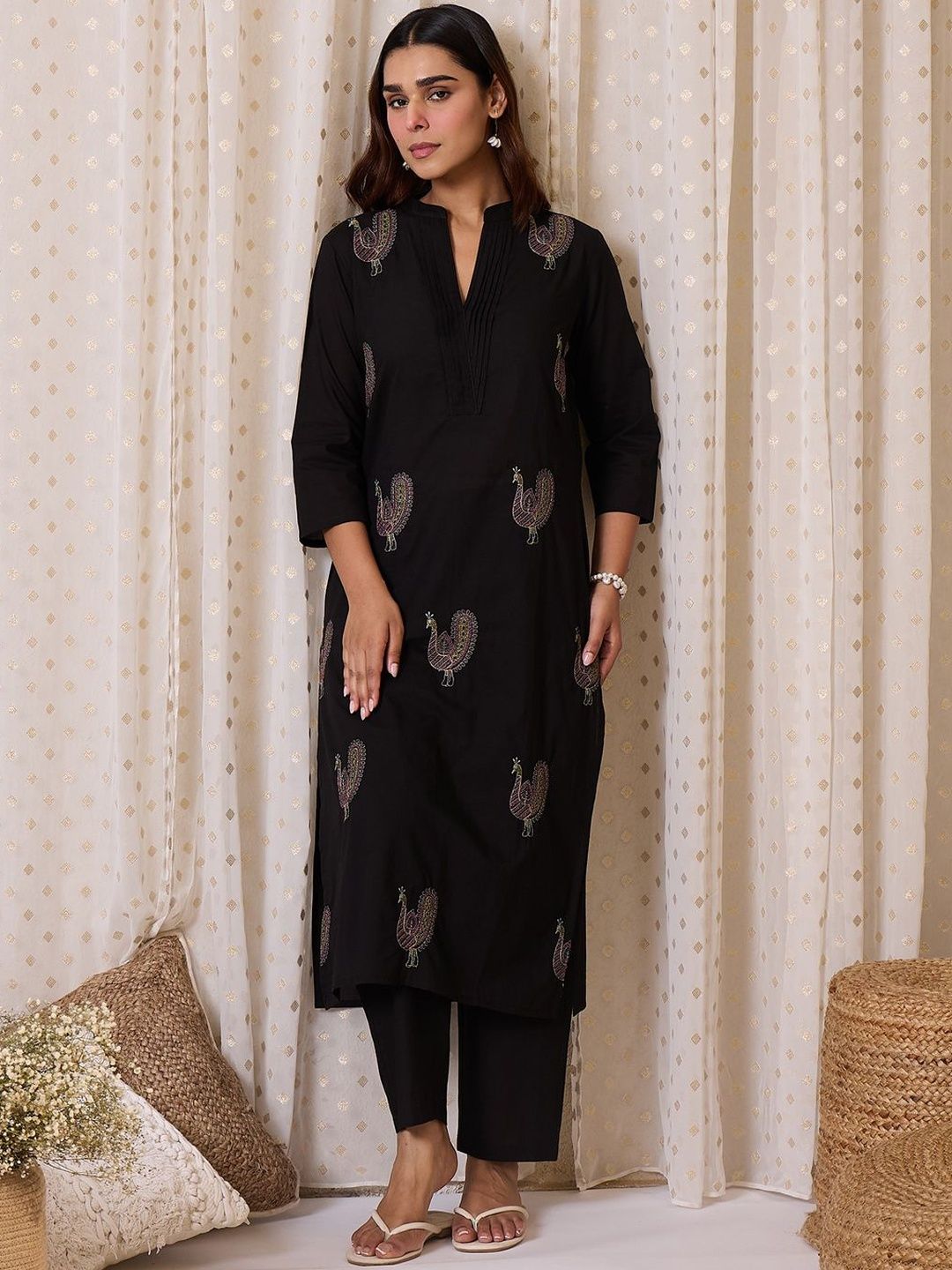 Indo Era Women Ethnic Motifs Embroidered Regular Thread Work Cotton Kurta Set-picture-39