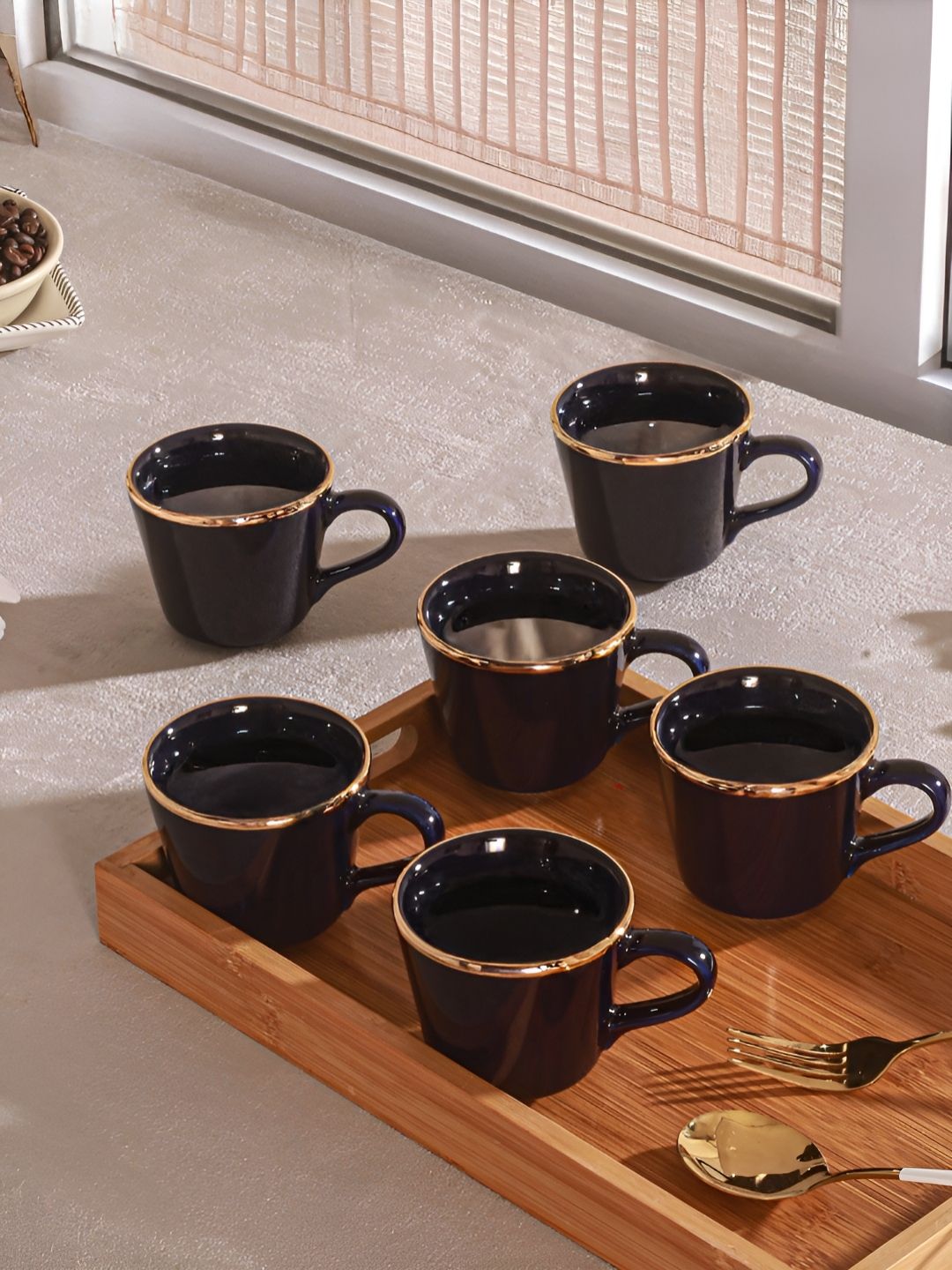 Troveas 6 Piece Navy Blue & Gold-Toned Porcelain Glossy Ceramic Cup & Mug 160 ml-picture-19
