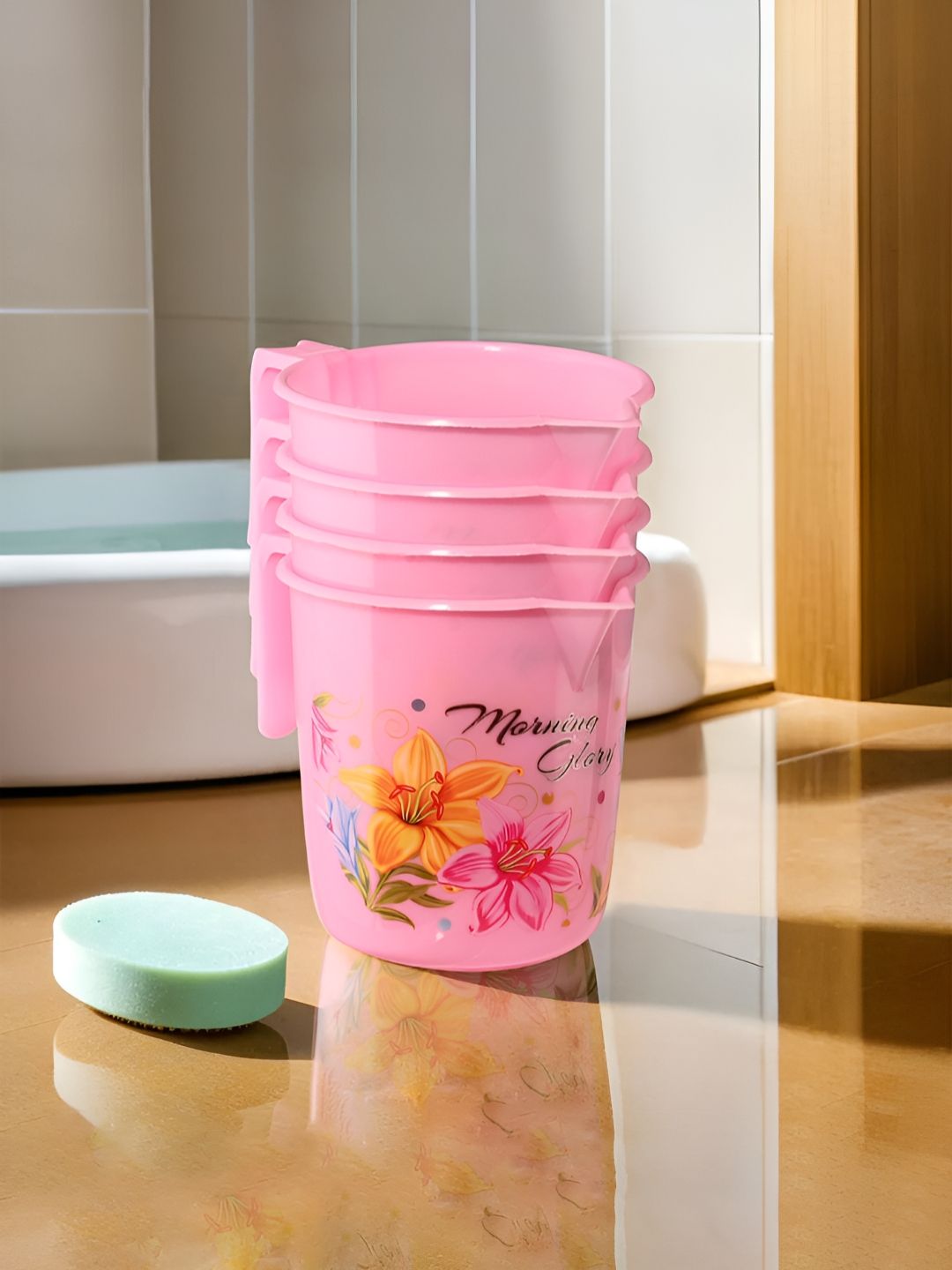 Aura Pink & Green 4 Pieces Floral Printed Bathroom Mugs-image-44