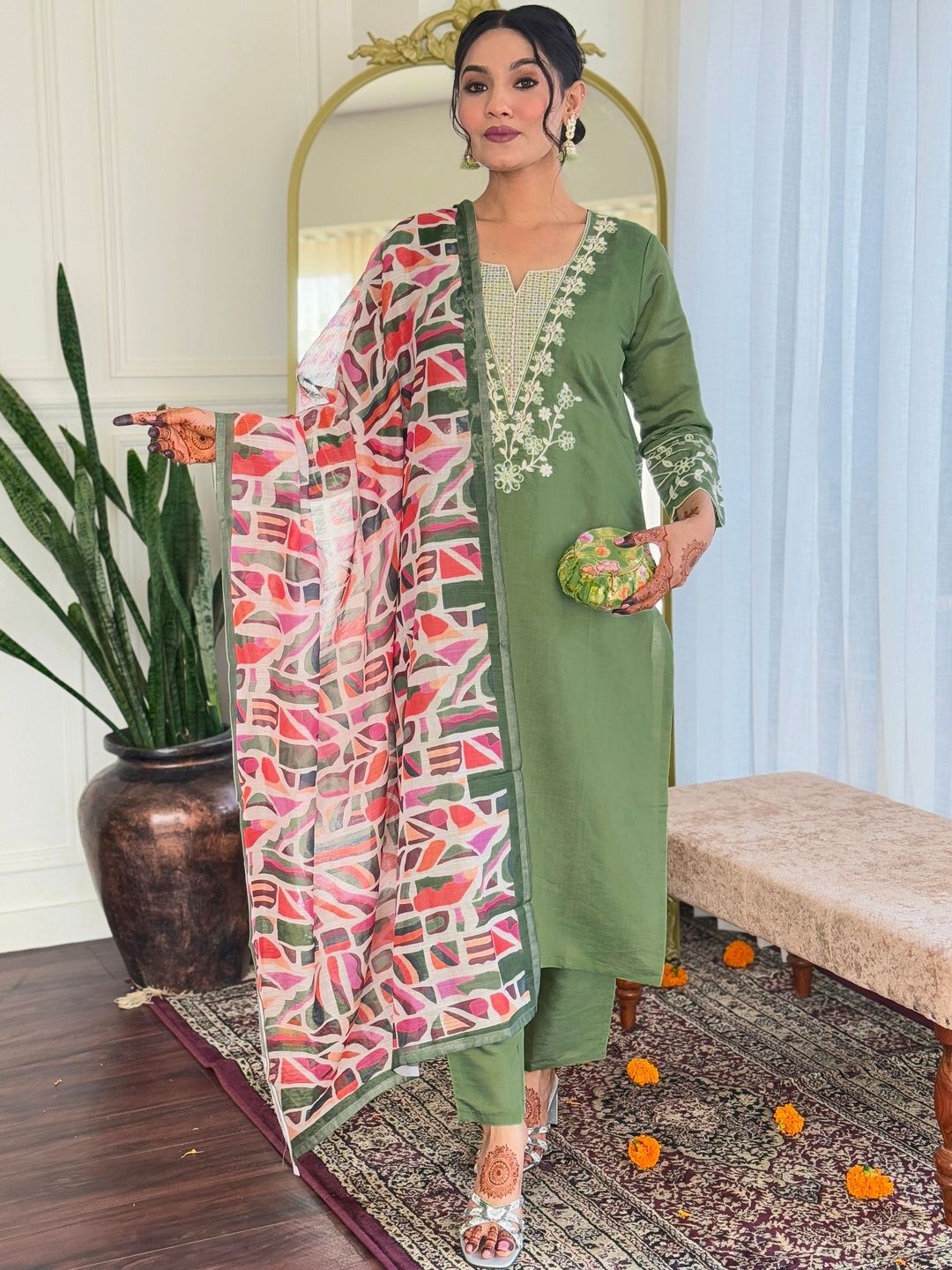 AG TEXTILE Women Embroidered Regular Thread Work Chanderi Silk Kurta with Trousers & With Dupatta-image-36