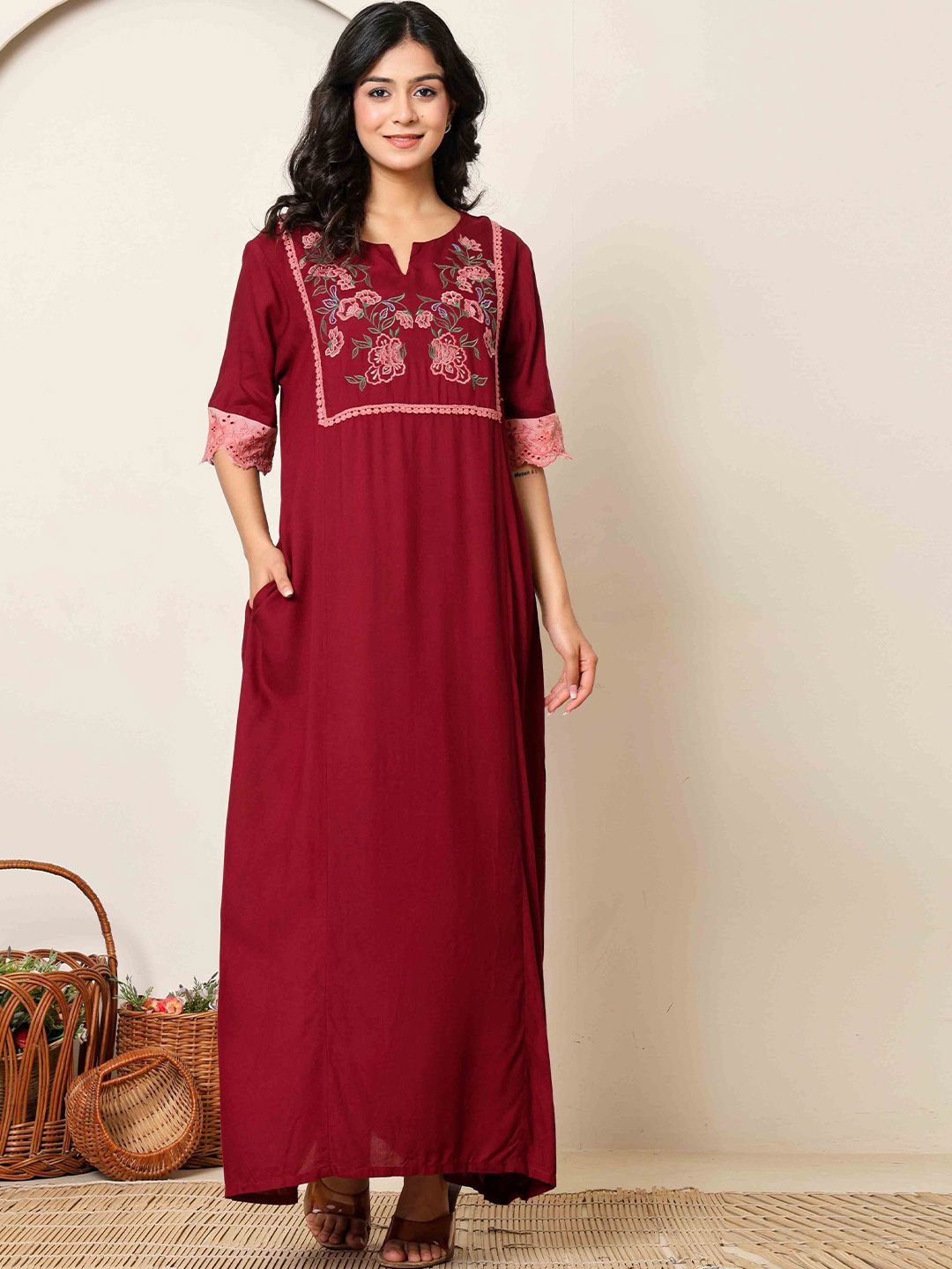 Nihsamah Women Embroidered Maxi Nightdress-image-11