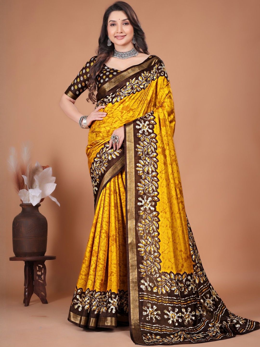 Panzora Bagru Batik Print Saree With Blouse Piece-image-4