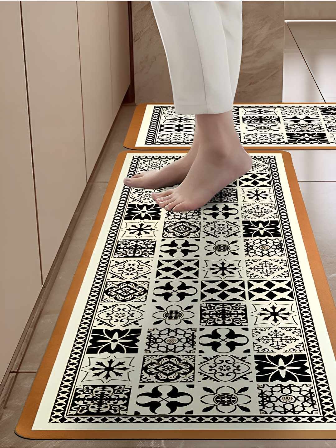 Cortina Black & Beige 2 Pieces Printed Anti-Skid Floor Runner & Floor Mat-picture-2